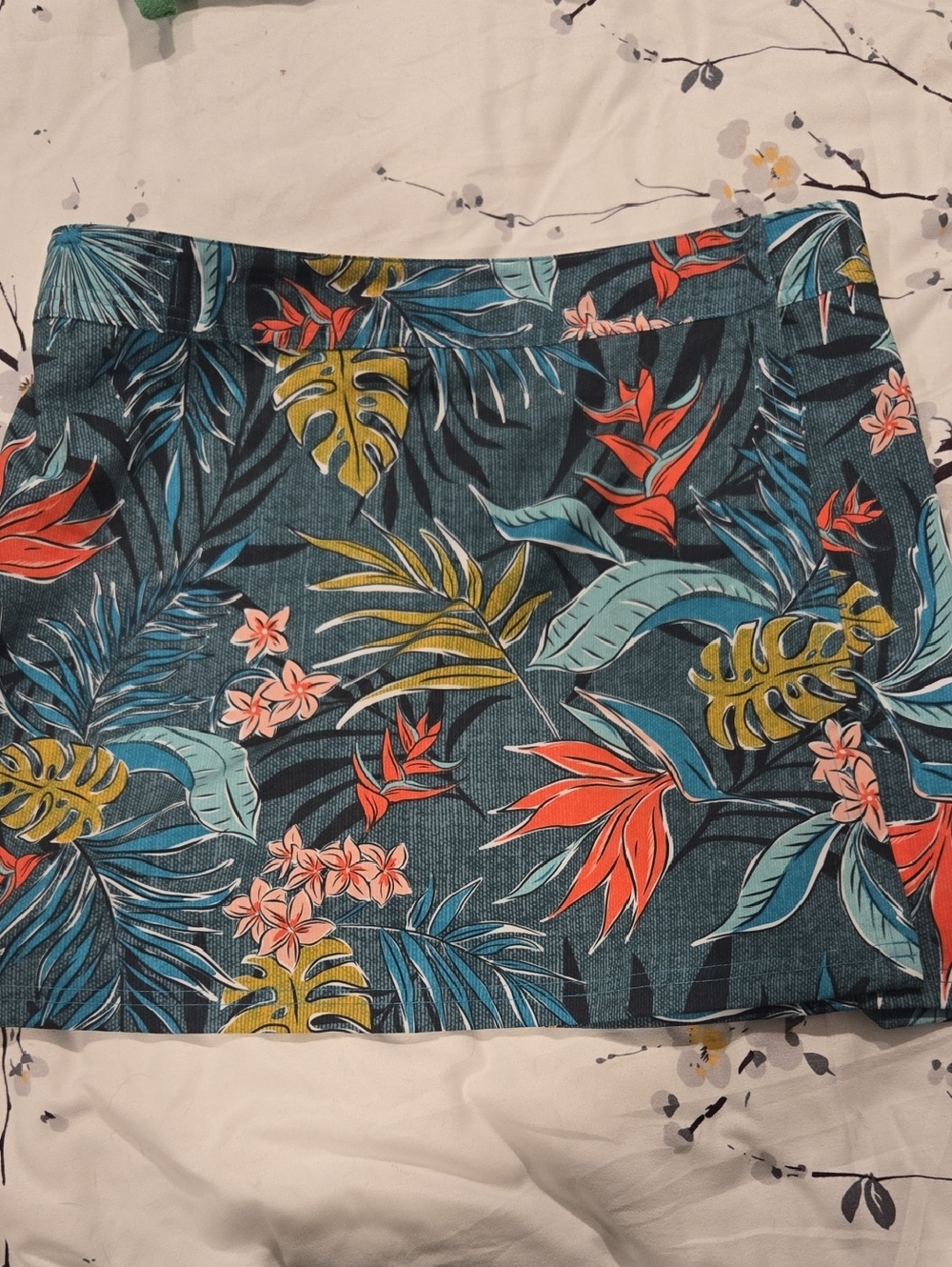 Ripskirt Hawaii Teal Tropical Print Mini Skirt with Coral and Yellow Accents